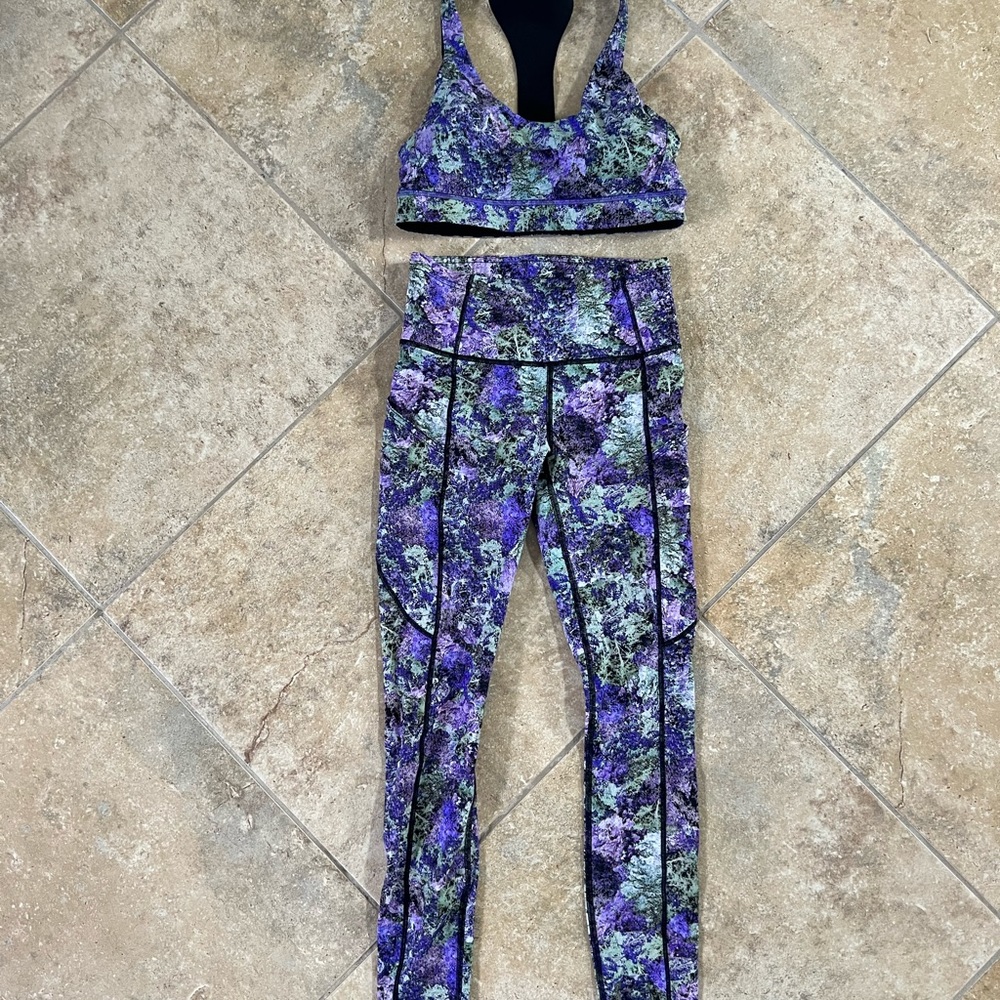 Lululemon Fast & Free Leggings and Sports Bra - Nulux purple print